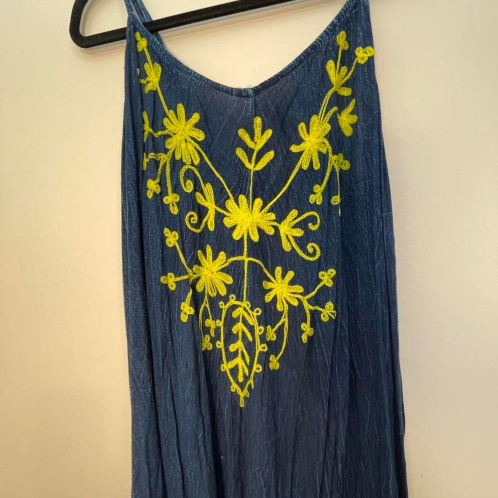 3X Blue and yellow embroidered denim look boho maxi dress with rainbow pompoms.
